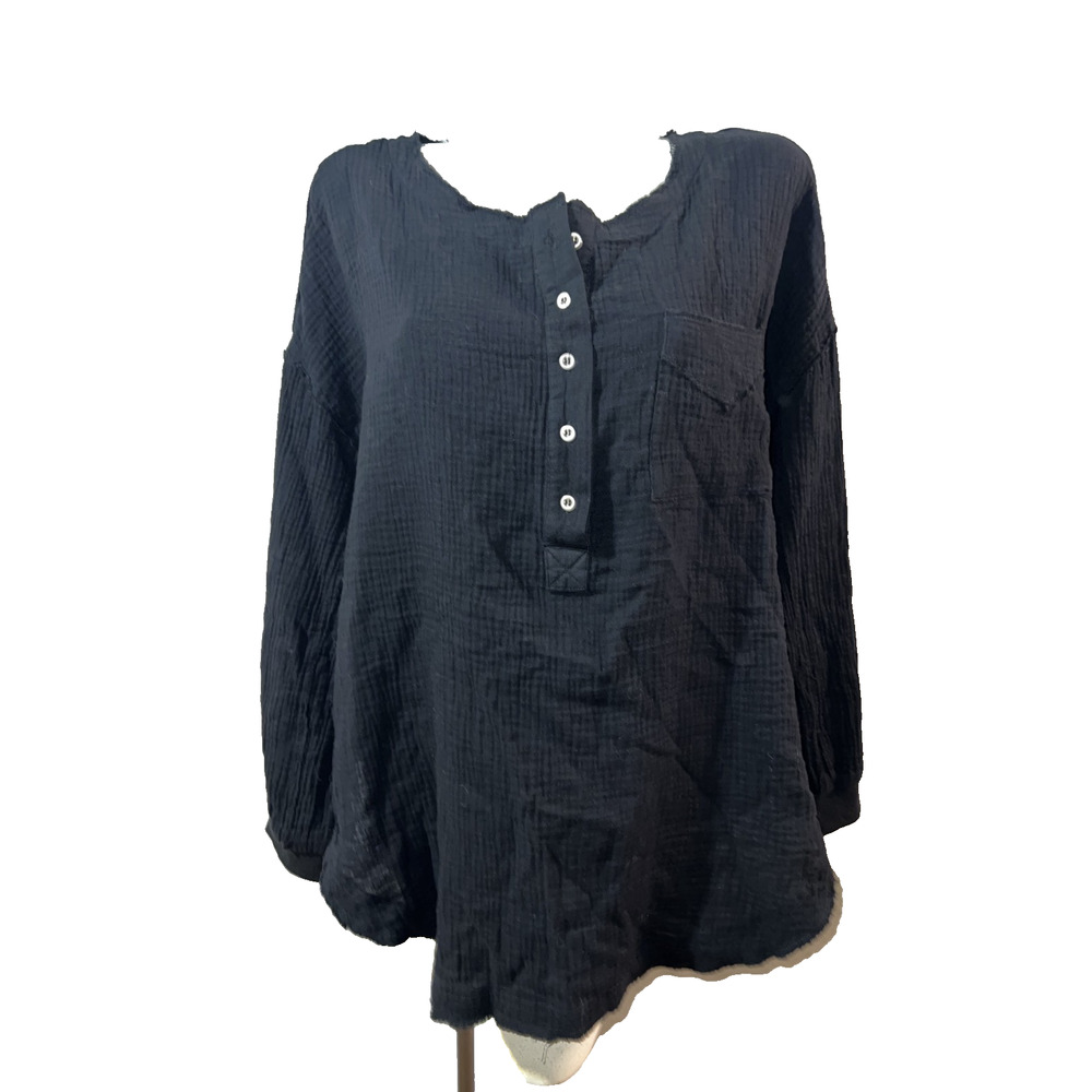 7 For All Mankind Top Women's L Black Oversized Long Sleeve Raw Hem Henley Shirt